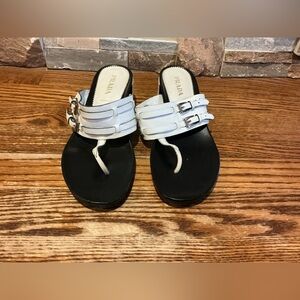Prada White Leather Buckle Thong Sandals with Black Footbed